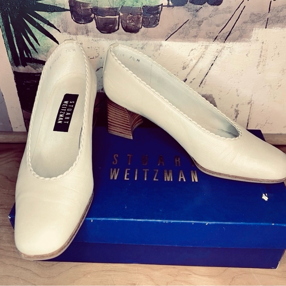 Stuart Weitzman Sand Leather Medium Wood Heel Pumps